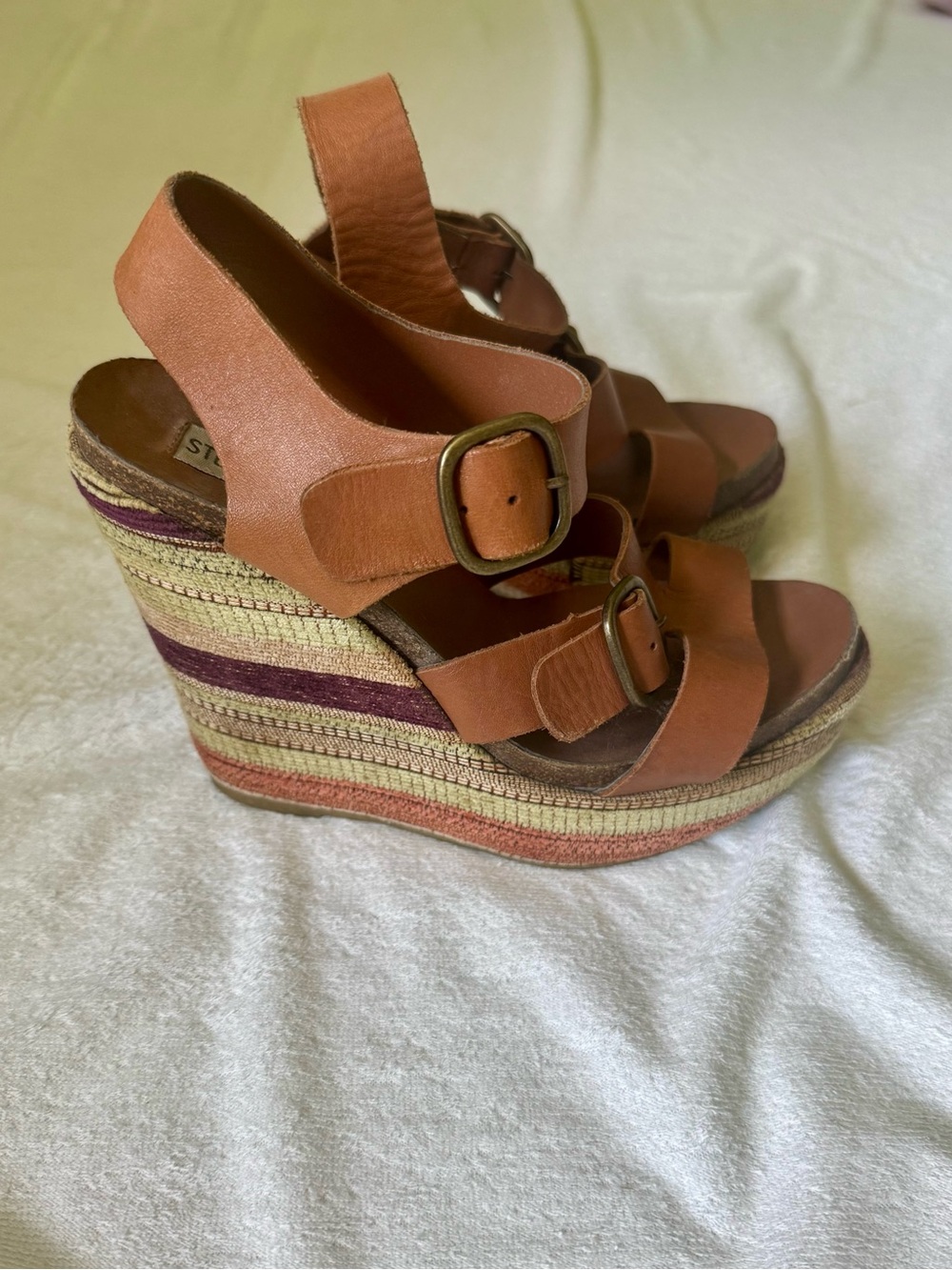Steve Madden Brown Leather Strappy Espadrille Wedges with Multicolor Stripe Heel